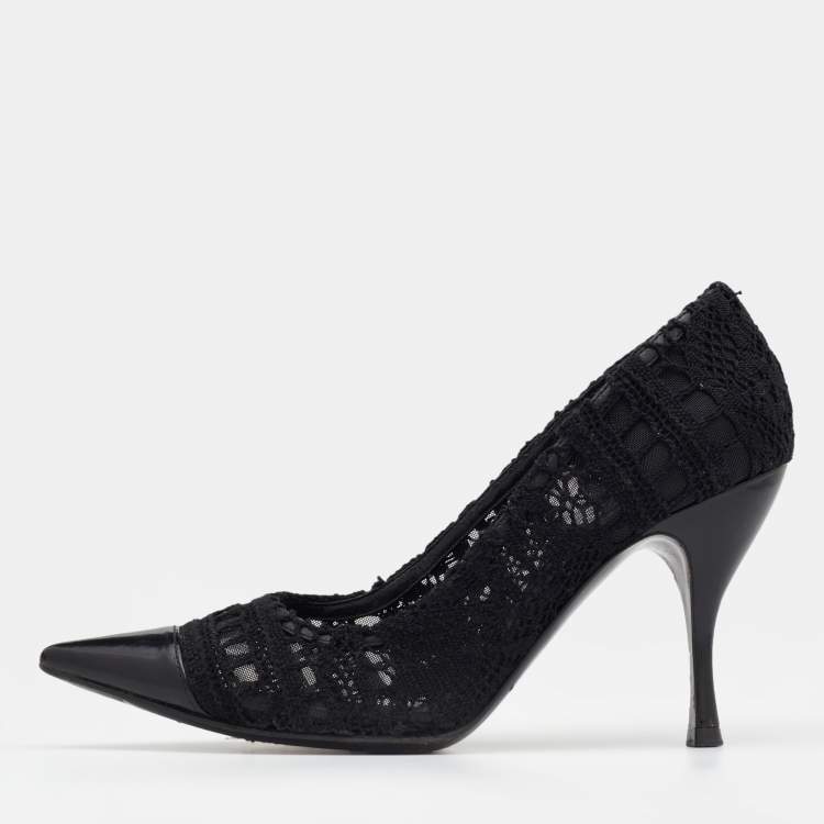 Pre Owned Dolce & Gabbana Black Crochet And Leather Pointed Cap Toe Pumps Size 37.5