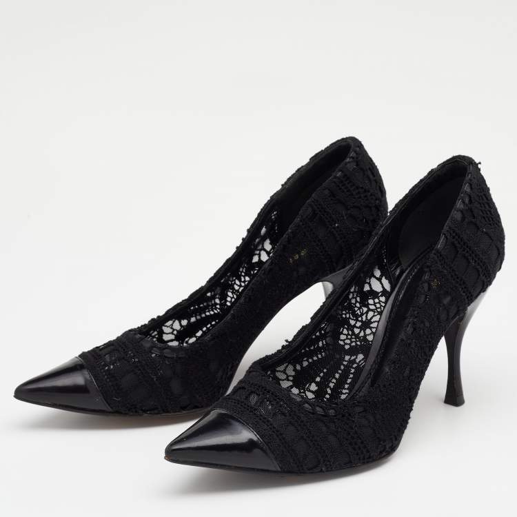 Pre Owned Dolce & Gabbana Black Crochet And Leather Pointed Cap Toe Pumps Size 37.5