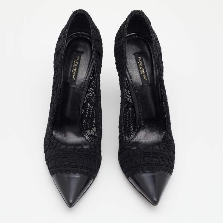 Pre Owned Dolce & Gabbana Black Crochet And Leather Pointed Cap Toe Pumps Size 37.5