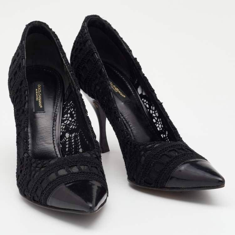 Pre Owned Dolce & Gabbana Black Crochet And Leather Pointed Cap Toe Pumps Size 37.5