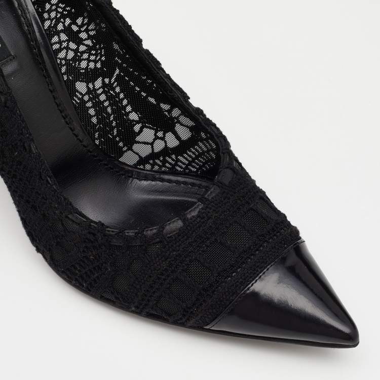 Pre Owned Dolce & Gabbana Black Crochet And Leather Pointed Cap Toe Pumps Size 37.5