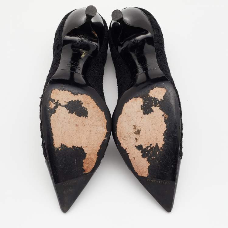 Pre Owned Dolce & Gabbana Black Crochet And Leather Pointed Cap Toe Pumps Size 37.5