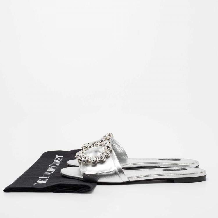 Pre Owned Dolce & Gabbana Silver Leather Jewelled Embellished Flat Slides Size 39