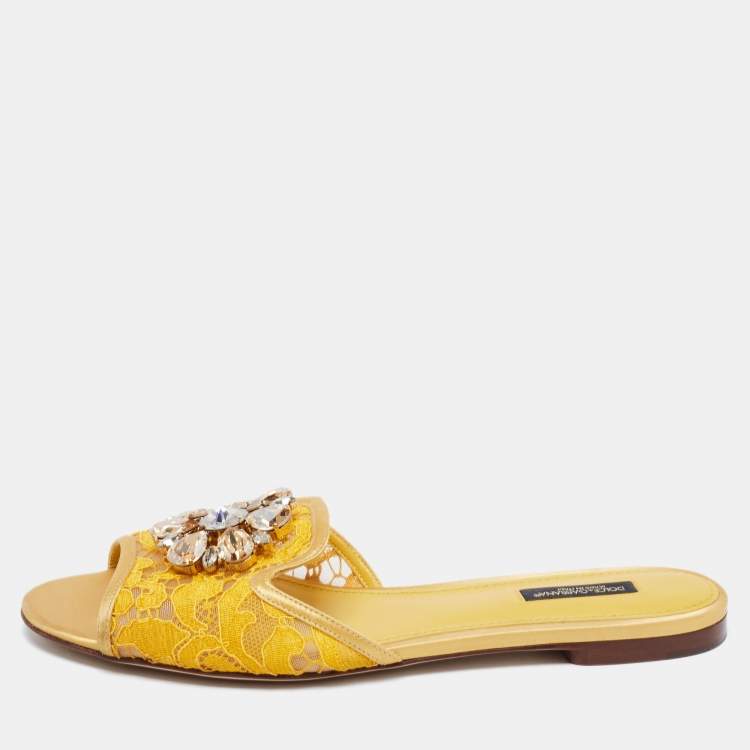 Pre Owned Dolce & Gabbana Yellow Lace Crystal Embellished Flat Slides Size 39