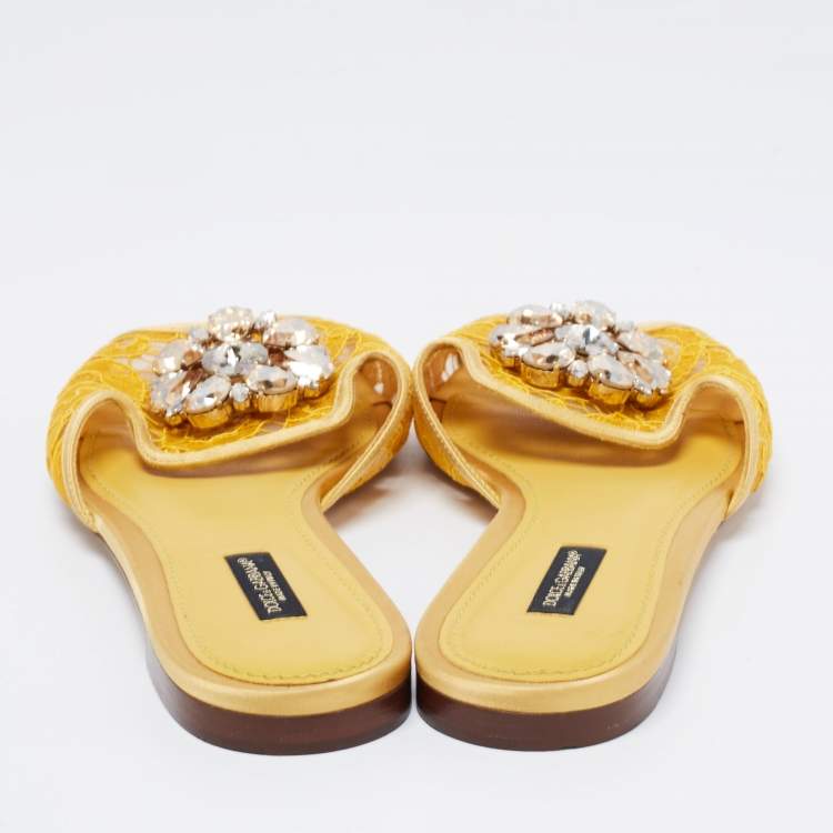 Pre Owned Dolce & Gabbana Yellow Lace Crystal Embellished Flat Slides Size 39