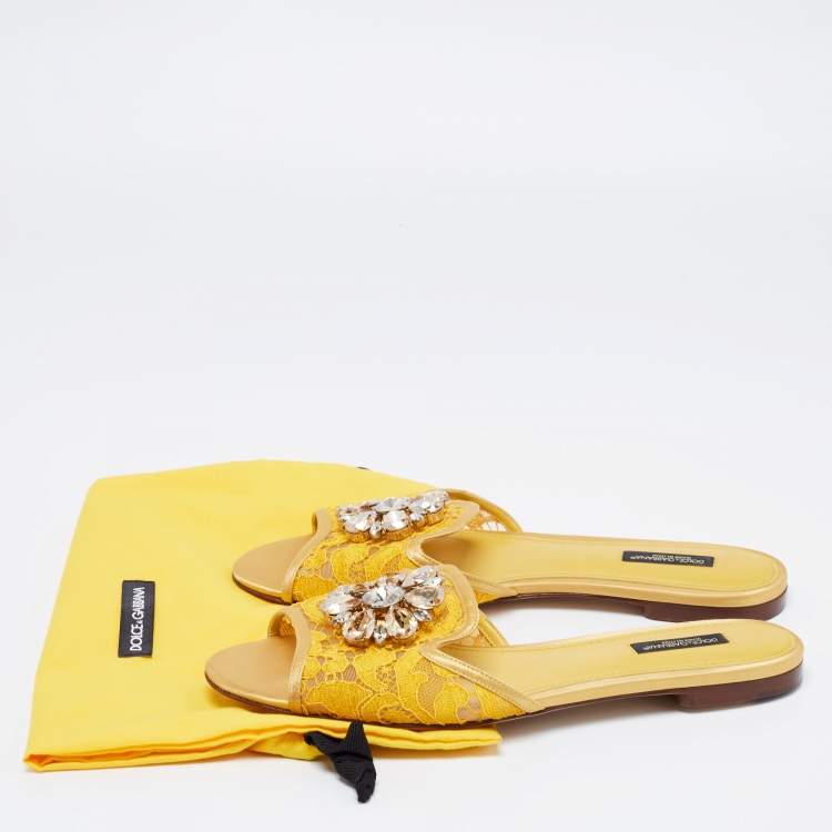 Pre Owned Dolce & Gabbana Yellow Lace Crystal Embellished Flat Slides Size 39