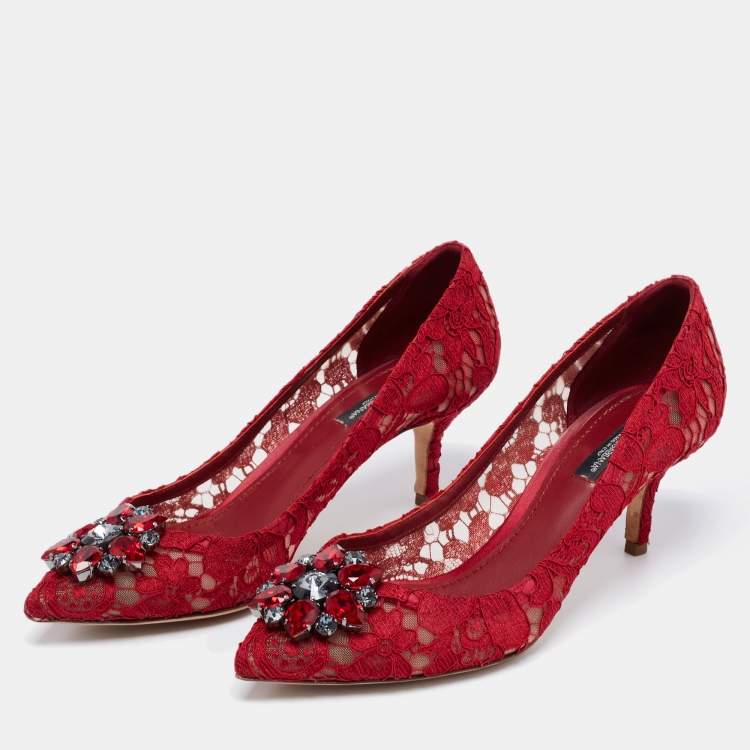 Pre Owned Dolce & Gabbana Deep Red Lace Crystal Embellished Bellucci Pumps Size 38.5