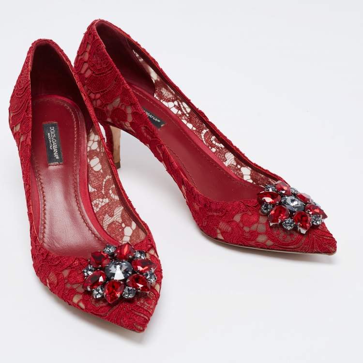 Pre Owned Dolce & Gabbana Deep Red Lace Crystal Embellished Bellucci Pumps Size 38.5