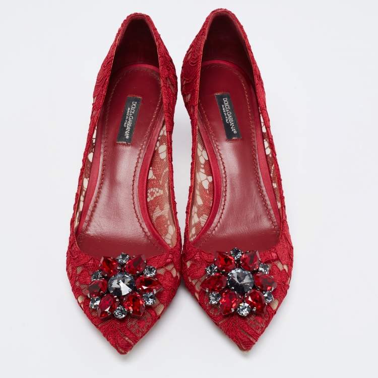 Pre Owned Dolce & Gabbana Deep Red Lace Crystal Embellished Bellucci Pumps Size 38.5