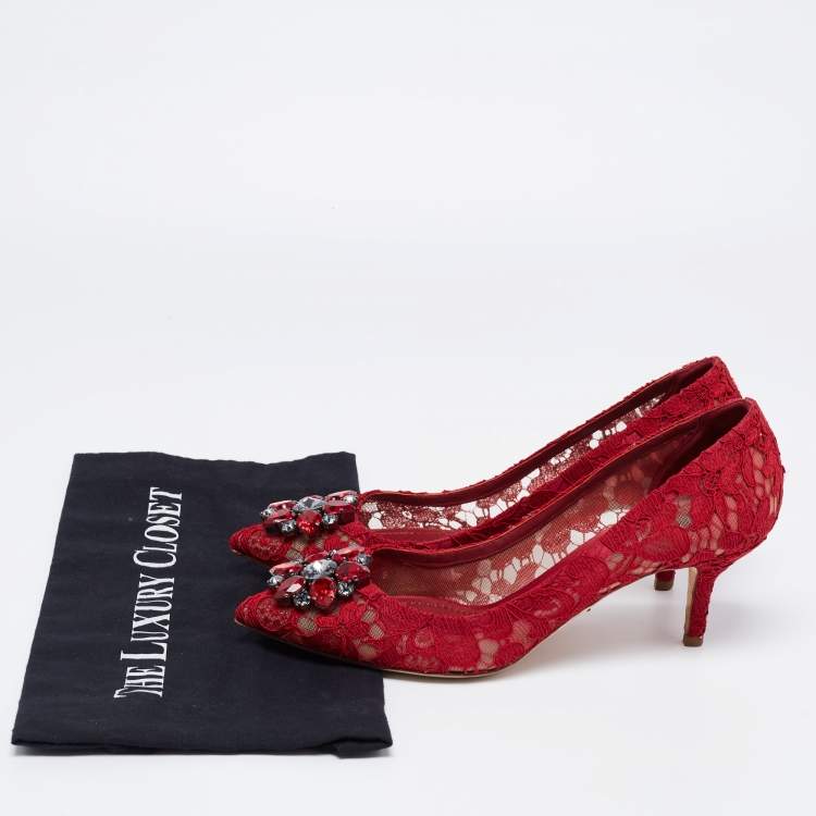 Pre Owned Dolce & Gabbana Deep Red Lace Crystal Embellished Bellucci Pumps Size 38.5