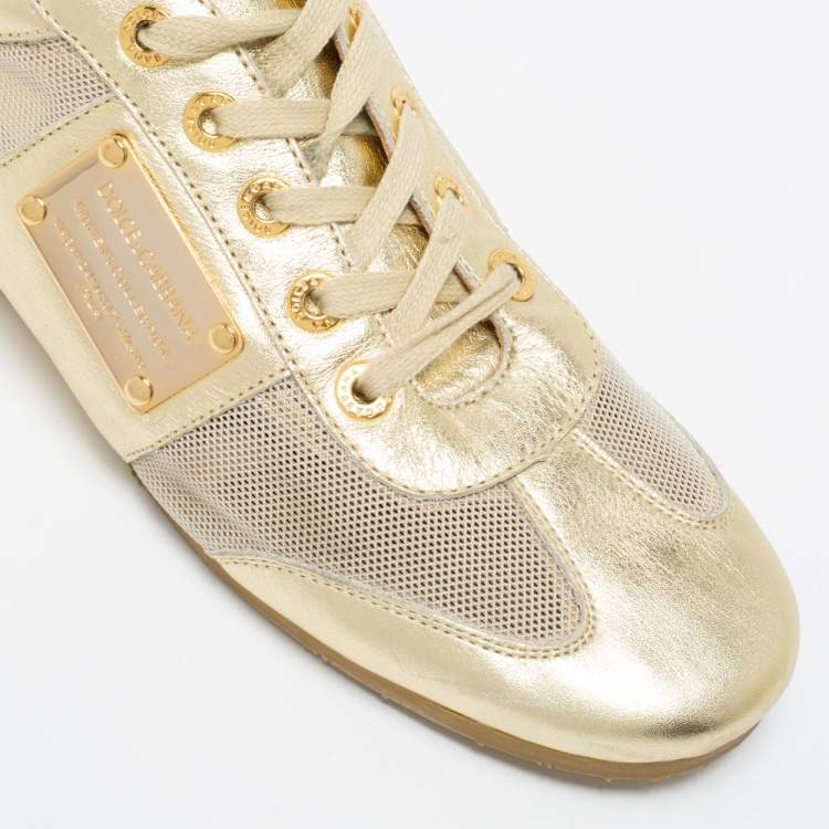 Pre Owned Dolce & Gabbana Metallic Gold Leather And Mesh Low Top Sneakers Size 41