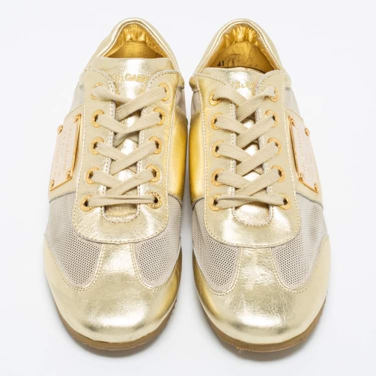 Pre Owned Dolce & Gabbana Metallic Gold Leather And Mesh Low Top Sneakers Size 41