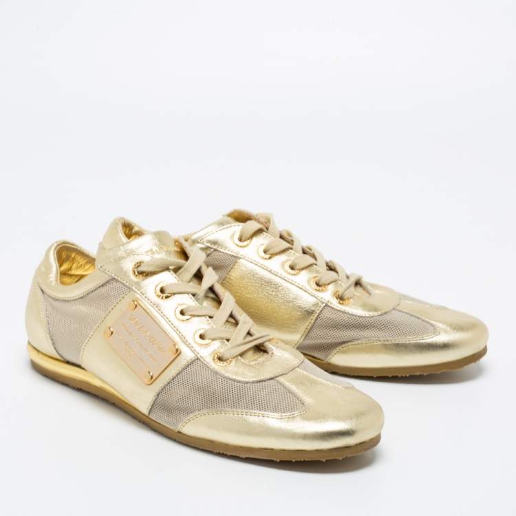 Pre Owned Dolce & Gabbana Metallic Gold Leather And Mesh Low Top Sneakers Size 41