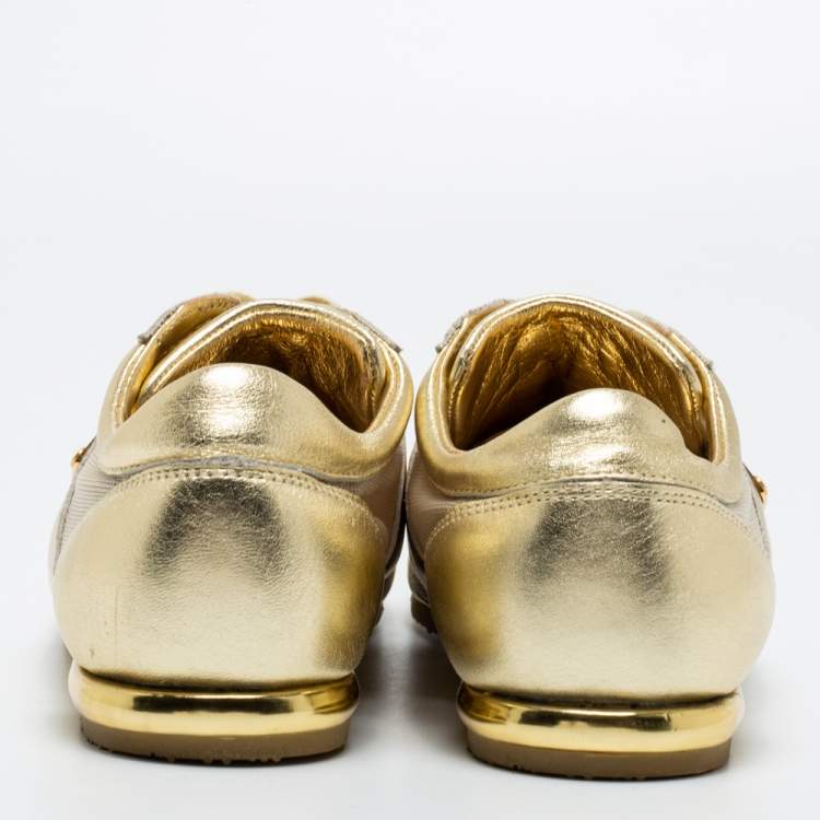 Pre Owned Dolce & Gabbana Metallic Gold Leather And Mesh Low Top Sneakers Size 41