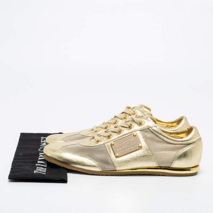 Pre Owned Dolce & Gabbana Metallic Gold Leather And Mesh Low Top Sneakers Size 41