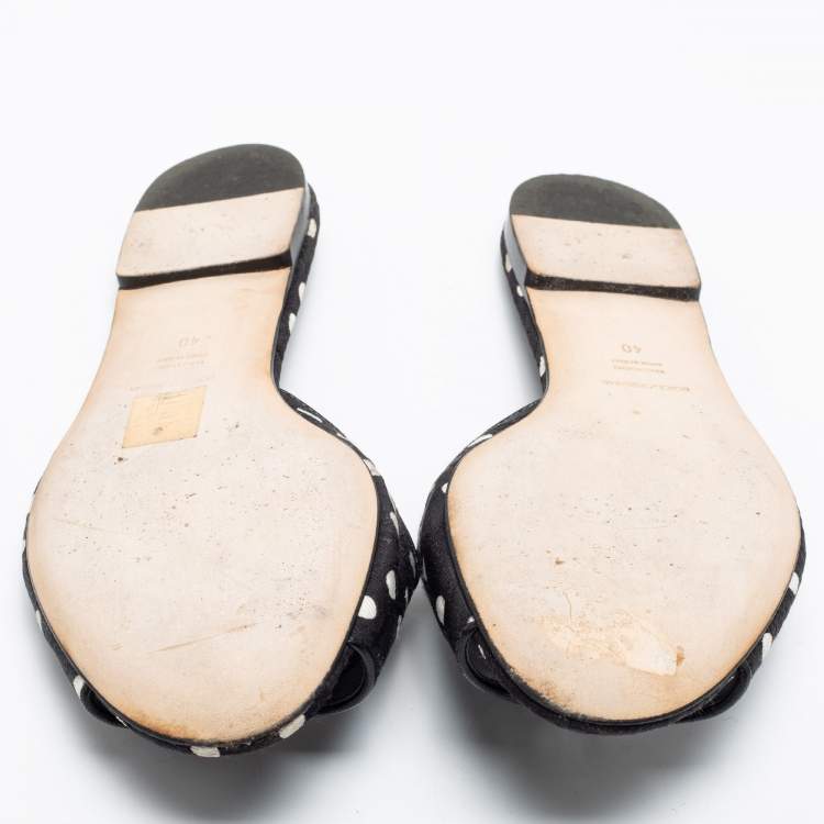 Pre Owned Dolce & Gabbana Black/White Polka Dot Fabric Crystal Embellished Bianca Flat Slide Sandals Size 40