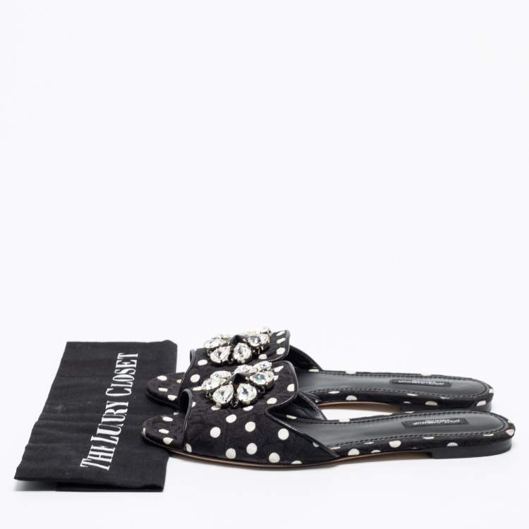 Pre Owned Dolce & Gabbana Black/White Polka Dot Fabric Crystal Embellished Bianca Flat Slide Sandals Size 40