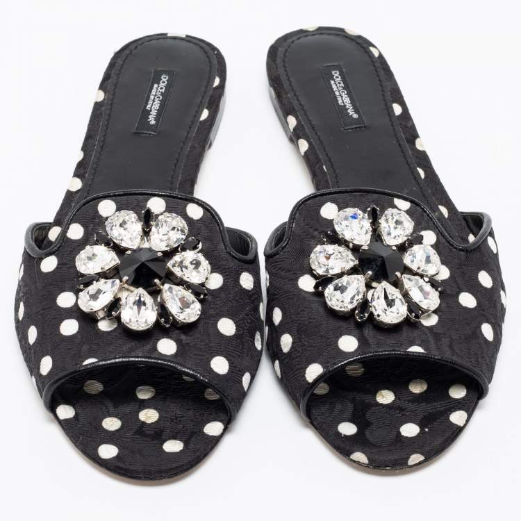 Pre Owned Dolce & Gabbana Black/White Polka Dot Fabric Crystal Embellished Bianca Flat Slide Sandals Size 40