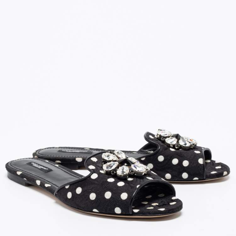Pre Owned Dolce & Gabbana Black/White Polka Dot Fabric Crystal Embellished Bianca Flat Slide Sandals Size 40