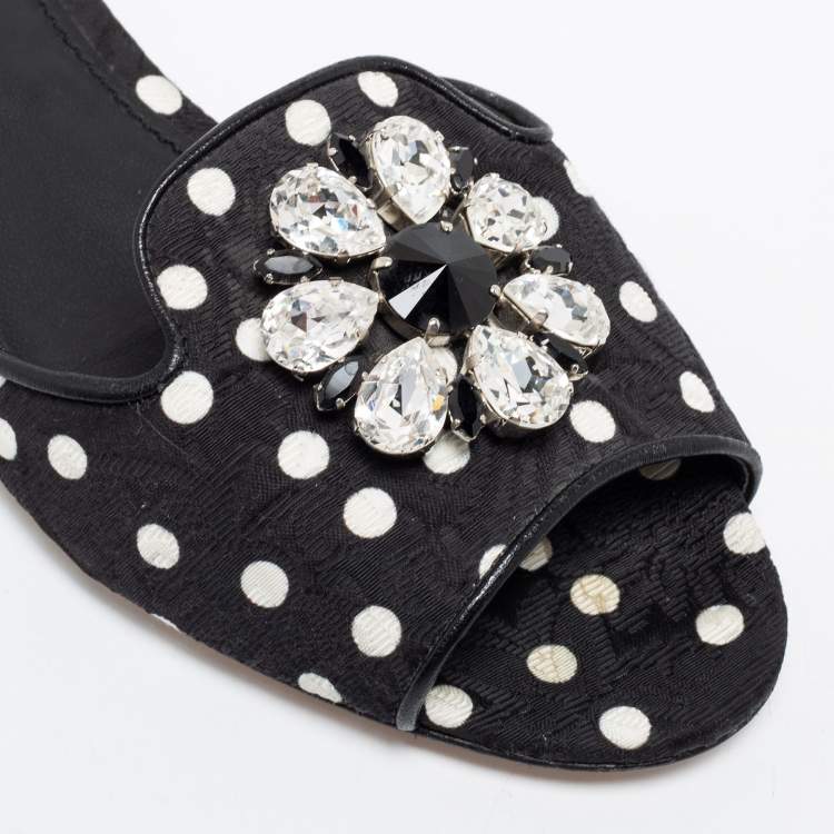 Pre Owned Dolce & Gabbana Black/White Polka Dot Fabric Crystal Embellished Bianca Flat Slide Sandals Size 40