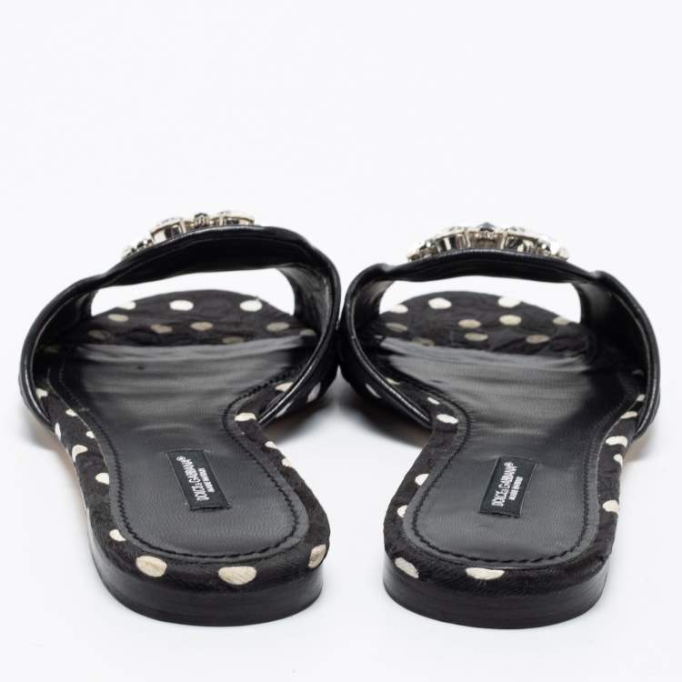 Pre Owned Dolce & Gabbana Black/White Polka Dot Fabric Crystal Embellished Bianca Flat Slide Sandals Size 40