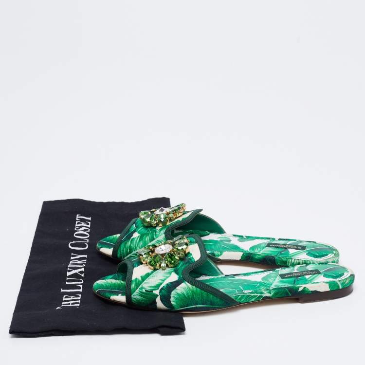 Pre Owned Dolce & Gabbana Green/White Banana Leaf-Print Fabric Crystal Embellished Flats Size 40