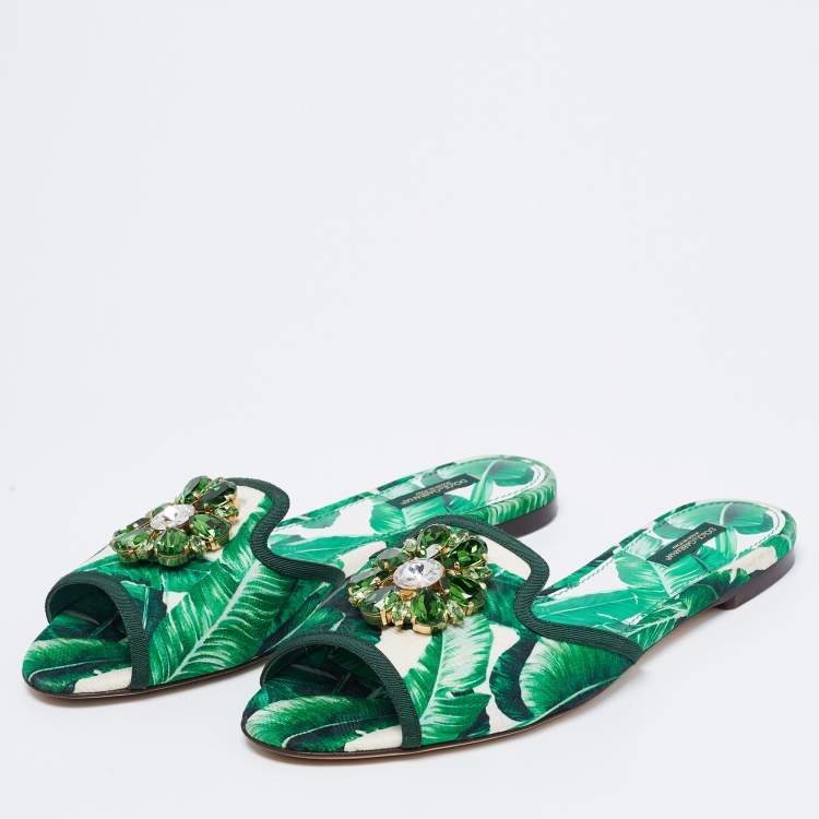 Pre Owned Dolce & Gabbana Green/White Banana Leaf-Print Fabric Crystal Embellished Flats Size 40