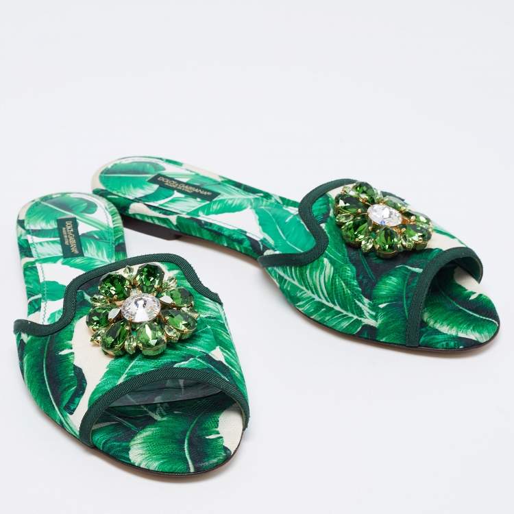 Pre Owned Dolce & Gabbana Green/White Banana Leaf-Print Fabric Crystal Embellished Flats Size 40