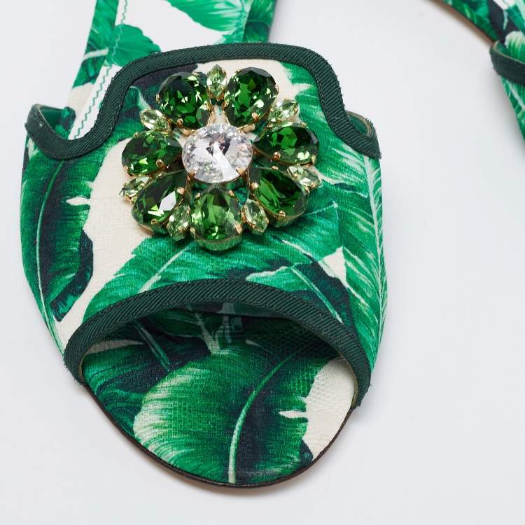 Pre Owned Dolce & Gabbana Green/White Banana Leaf-Print Fabric Crystal Embellished Flats Size 40