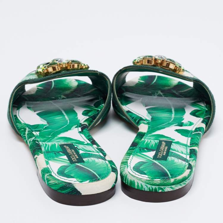 Pre Owned Dolce & Gabbana Green/White Banana Leaf-Print Fabric Crystal Embellished Flats Size 40