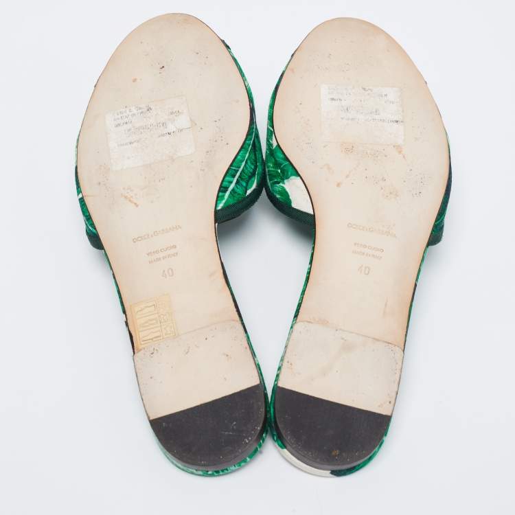 Pre Owned Dolce & Gabbana Green/White Banana Leaf-Print Fabric Crystal Embellished Flats Size 40