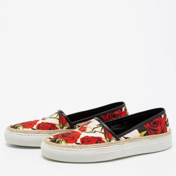 Pre Owned Dolce & Gabbana White Floral Print Canvas Slip on Sneakers Size 40