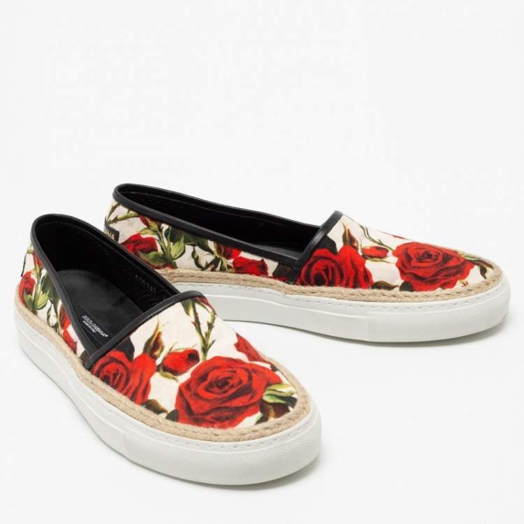 Pre Owned Dolce & Gabbana White Floral Print Canvas Slip on Sneakers Size 40
