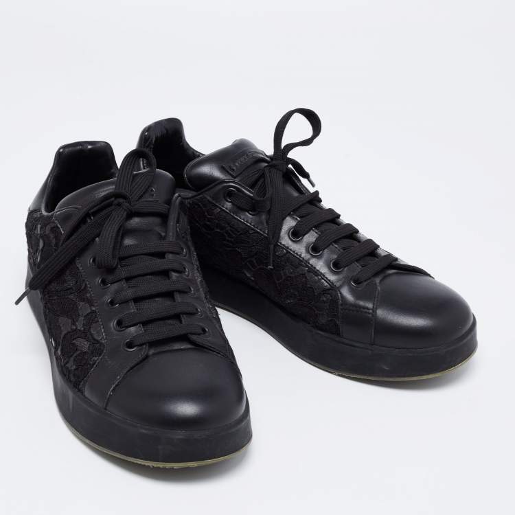 Pre Owned Dolce & Gabbana Black Lace And Leather Sneakers Size 39.5