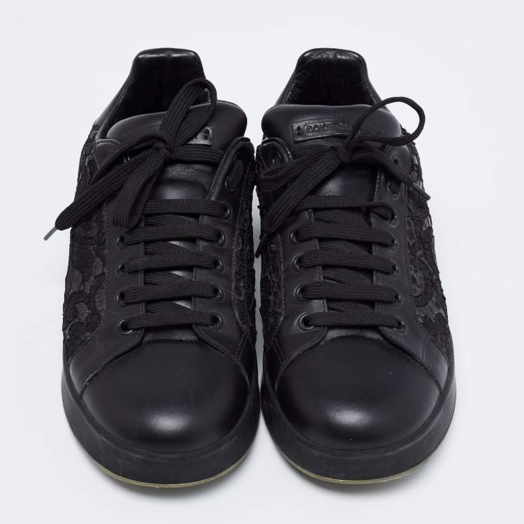 Pre Owned Dolce & Gabbana Black Lace And Leather Sneakers Size 39.5