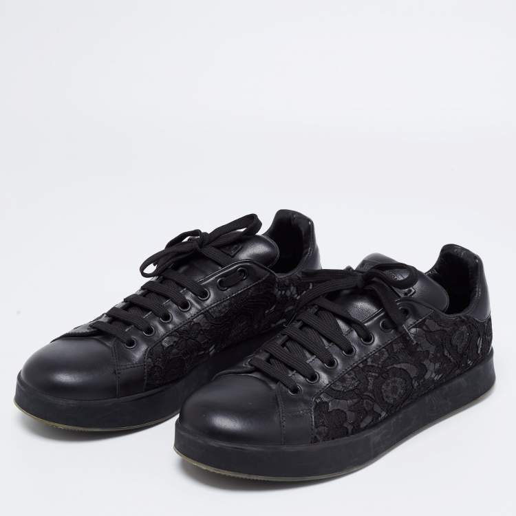 Pre Owned Dolce & Gabbana Black Lace And Leather Sneakers Size 39.5