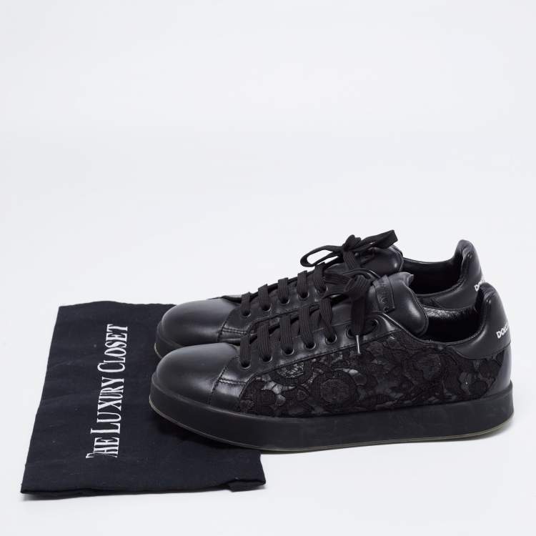 Pre Owned Dolce & Gabbana Black Lace And Leather Sneakers Size 39.5