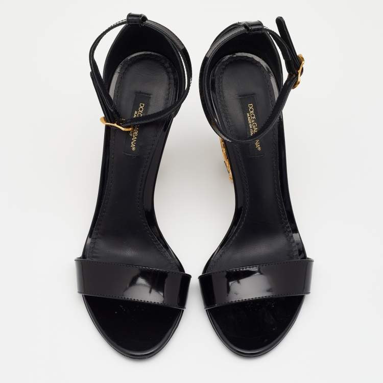 Pre Owned Dolce & Gabbana Black Patent Leather Keira Baroque Logo Ankle Strap Sandals Size 36.5