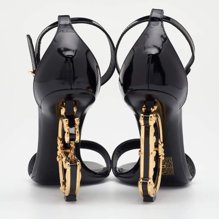 Pre Owned Dolce & Gabbana Black Patent Leather Keira Baroque Logo Ankle Strap Sandals Size 36.5