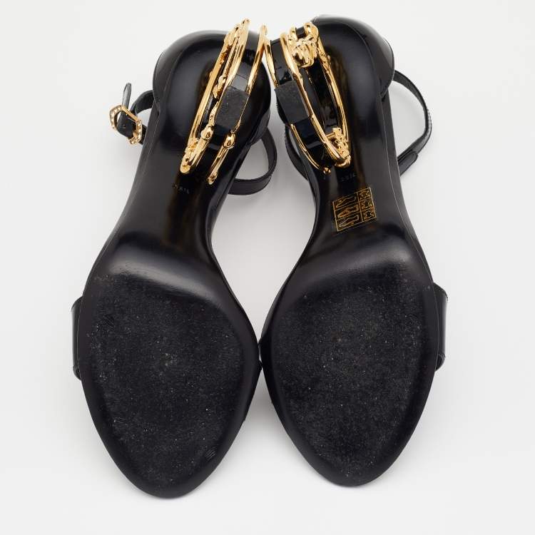 Pre Owned Dolce & Gabbana Black Patent Leather Keira Baroque Logo Ankle Strap Sandals Size 36.5