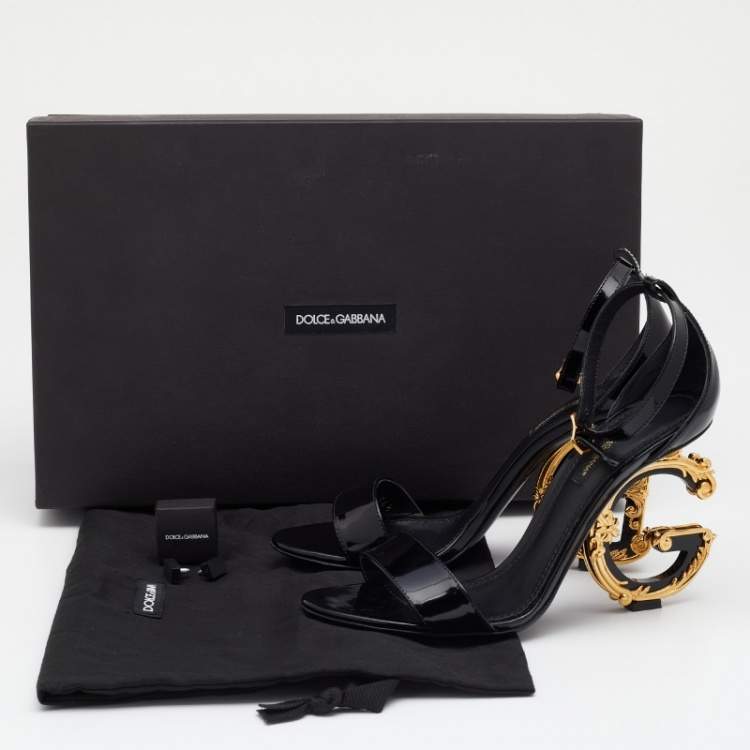 Pre Owned Dolce & Gabbana Black Patent Leather Keira Baroque Logo Ankle Strap Sandals Size 36.5