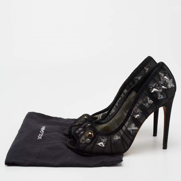 مملوكة مسبقًا Dolce & Gabbana Black Net Crystal Embellished Peep-Toe Pumps Size 38 