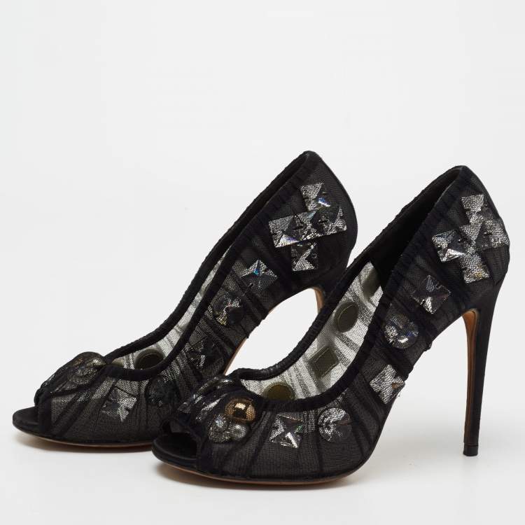 مملوكة مسبقًا Dolce & Gabbana Black Net Crystal Embellished Peep-Toe Pumps Size 38 