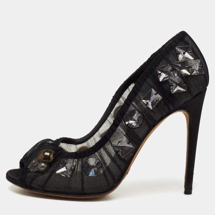 مملوكة مسبقًا Dolce & Gabbana Black Net Crystal Embellished Peep-Toe Pumps Size 38 