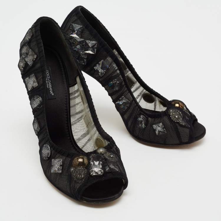 مملوكة مسبقًا Dolce & Gabbana Black Net Crystal Embellished Peep-Toe Pumps Size 38 