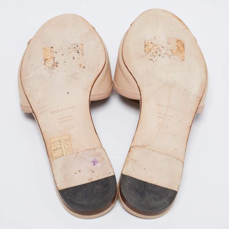 Pre Owned Dolce & Gabbana Beige Lizard Embossed Leather Crystal Embellished Bow Flat Slide Sandals Size 39.5
