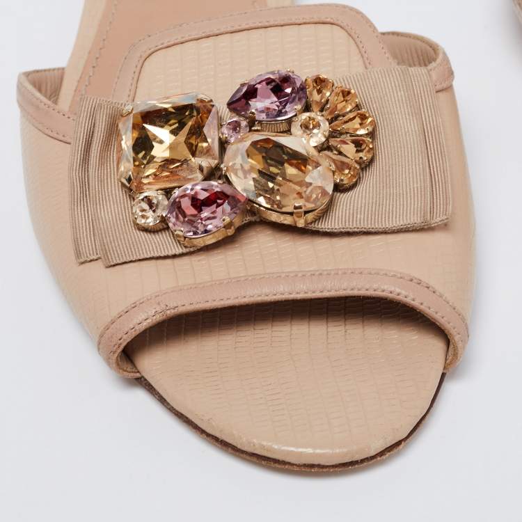 Pre Owned Dolce & Gabbana Beige Lizard Embossed Leather Crystal Embellished Bow Flat Slide Sandals Size 39.5