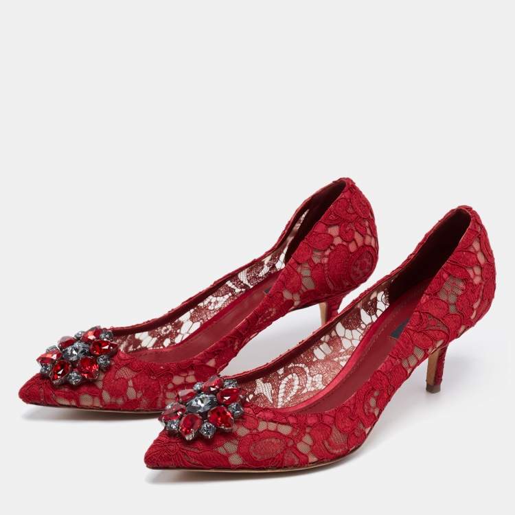 Pre Owned Dolce & Gabbana Red Lace Bellucci Crystal Embellished Pointed Toe Pumps Size 39