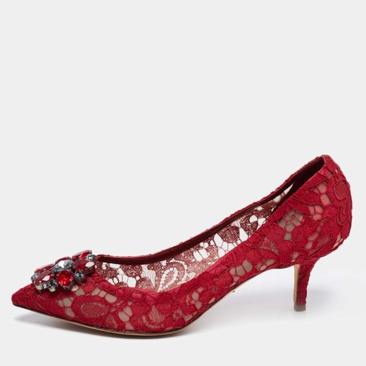 Pre Owned Dolce & Gabbana Red Lace Bellucci Crystal Embellished Pointed Toe Pumps Size 39