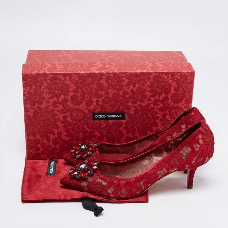 Pre Owned Dolce & Gabbana Red Lace Bellucci Crystal Embellished Pointed Toe Pumps Size 39